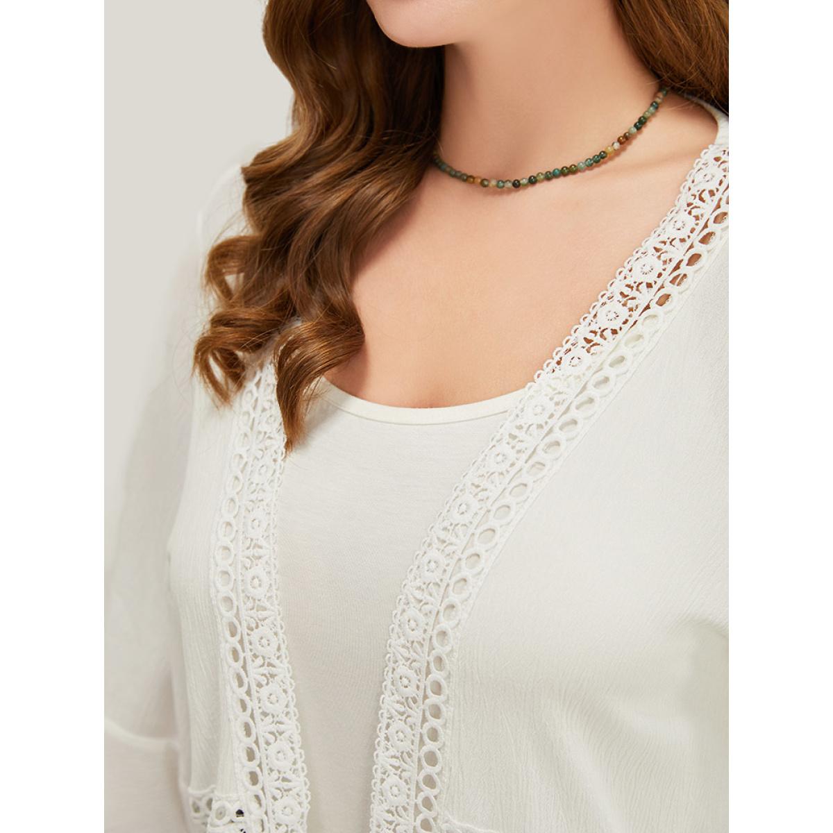 Plus Size Plain Ruffle Sleeve Open Front Eyelet Lace Kimono Women White Vacation Loose Dailywear Kimonos BloomChic 14-16/1X Product Image