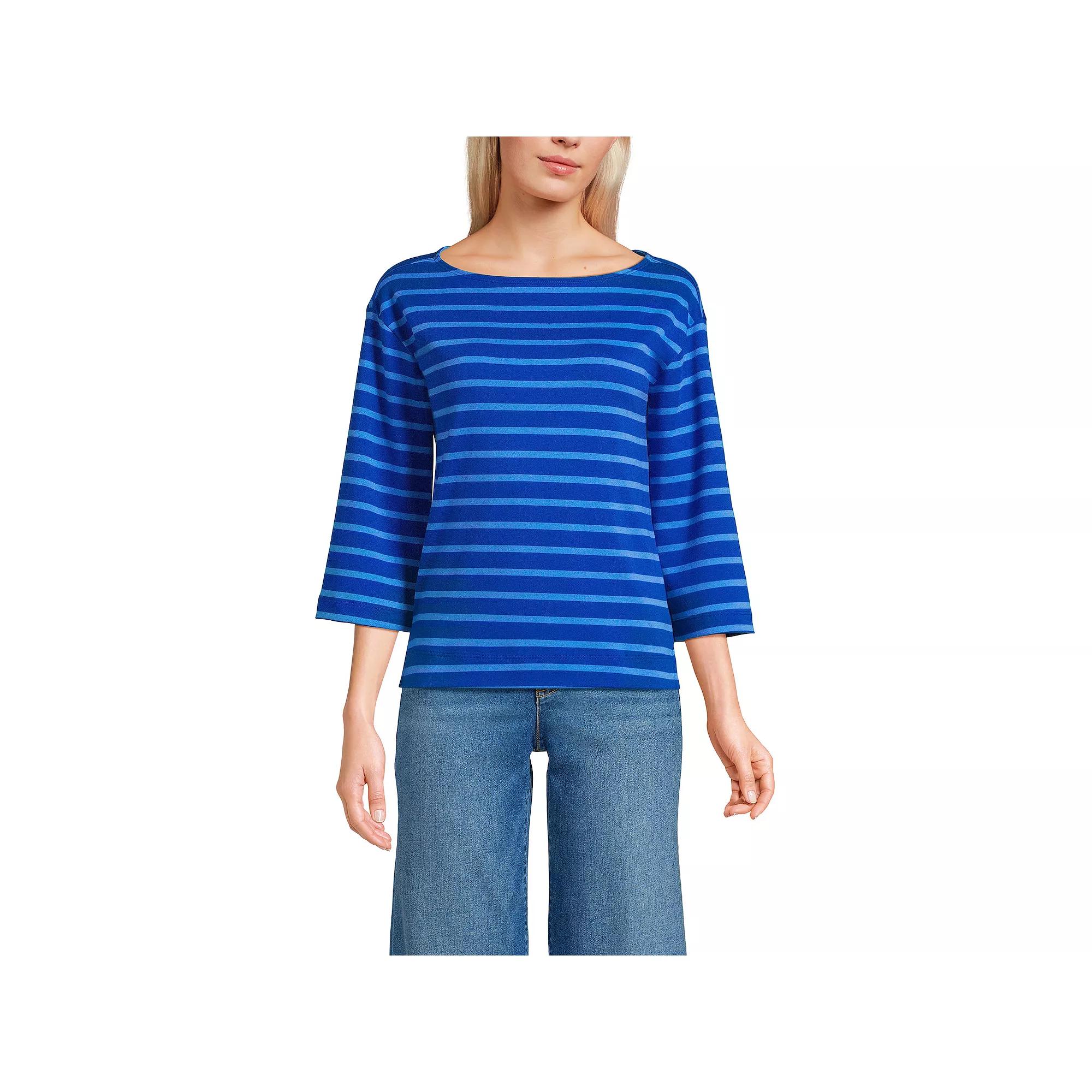 Women's Lands' End 3/4 Bell Sleeve Supima Cotton Tee, Size: Large, Blue Breton Stripe Product Image