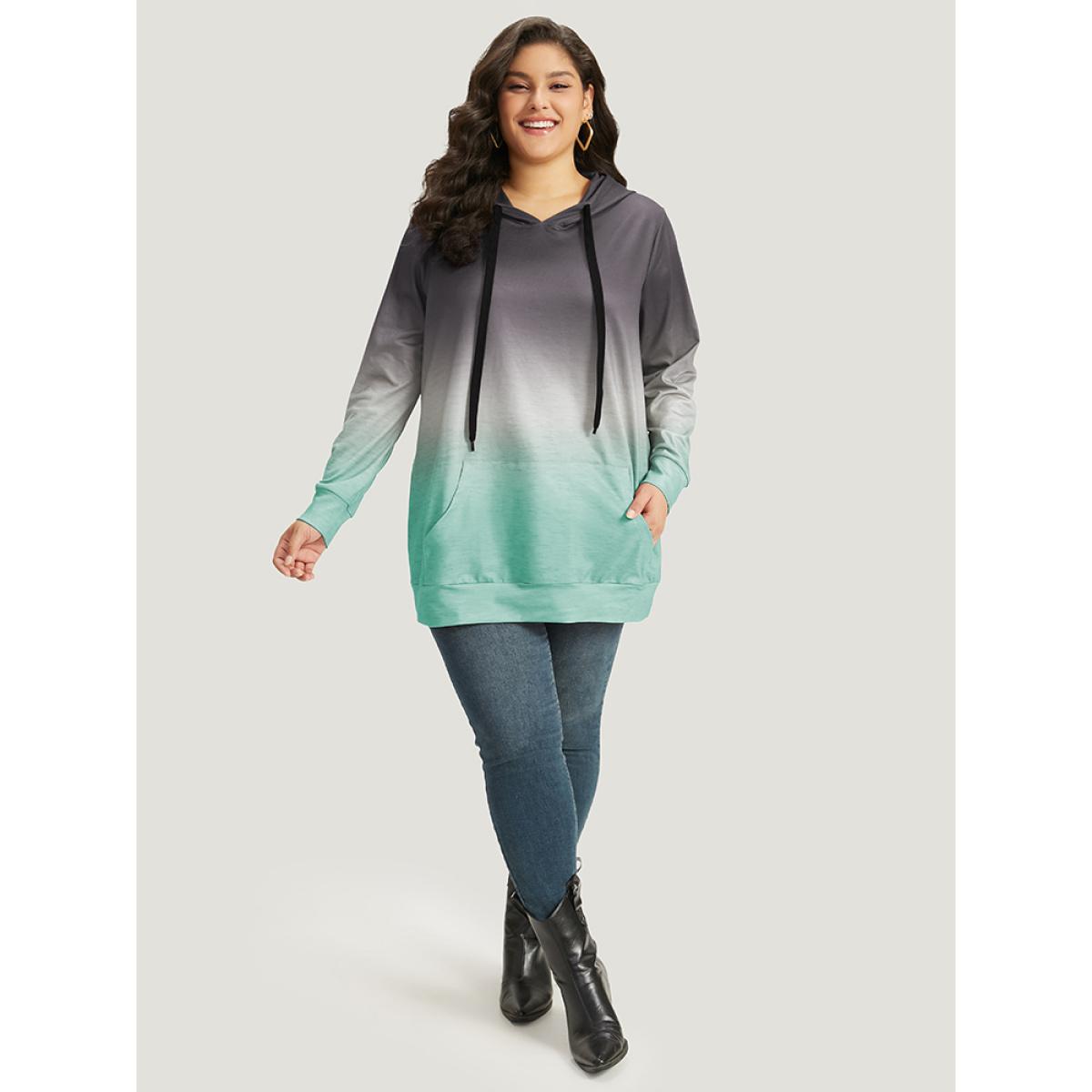 Plus Size Ombre Pocket Drawstring Hooded Sweatshirt Women Gray Casual Elastic cuffs Hooded Everyday Sweatshirts BloomChic 18-20/2X Product Image