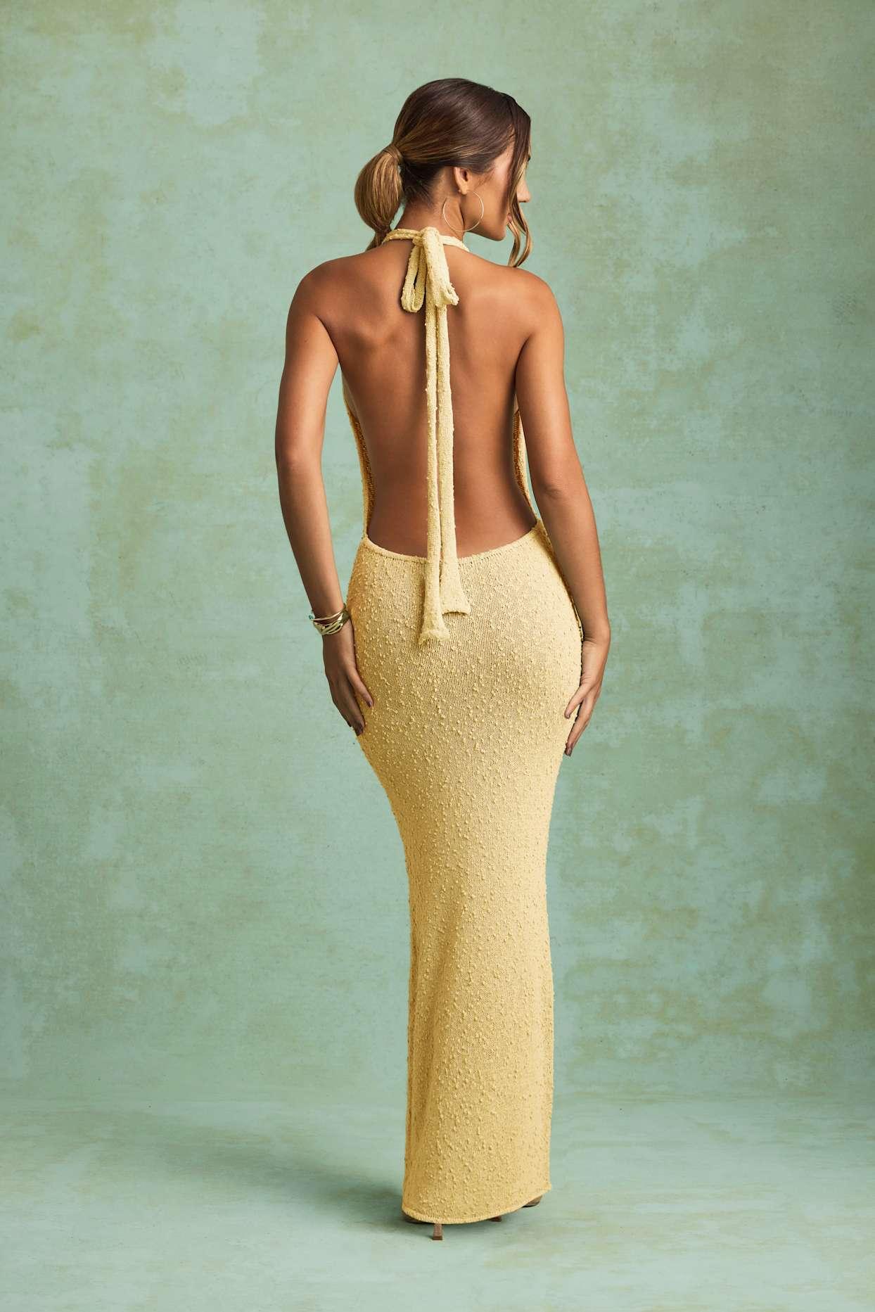 Bouclé Halterneck Maxi Dress in Yellow Girls Product Image
