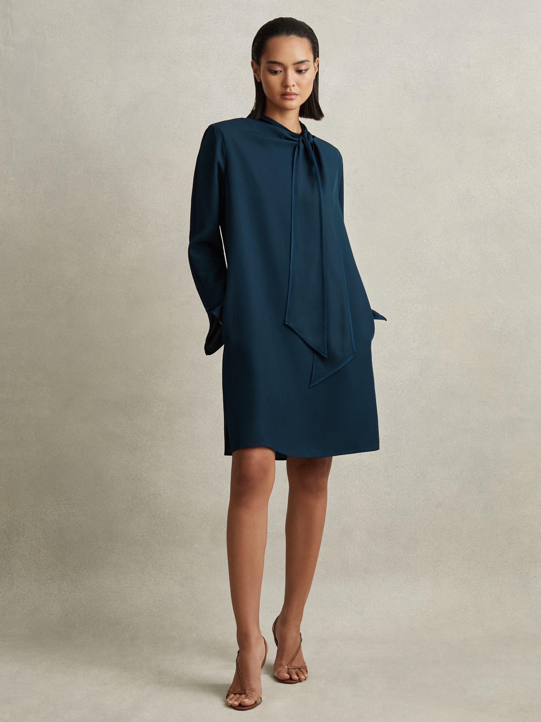 Tie Neck Belted Mini Dress in Teal Product Image