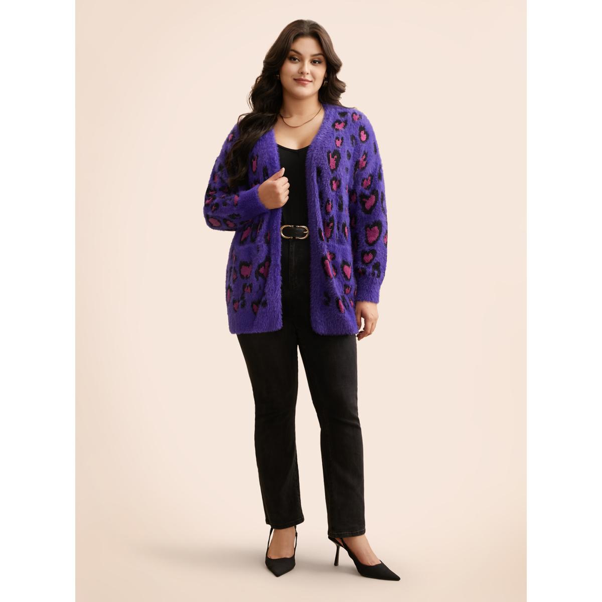 Plus Size Leopard Print Fluffy Patch Pocket Cardigan Deeppurple Women Casual Loose Long Sleeve Everyday Cardigans BloomChic 14-16/1X Product Image