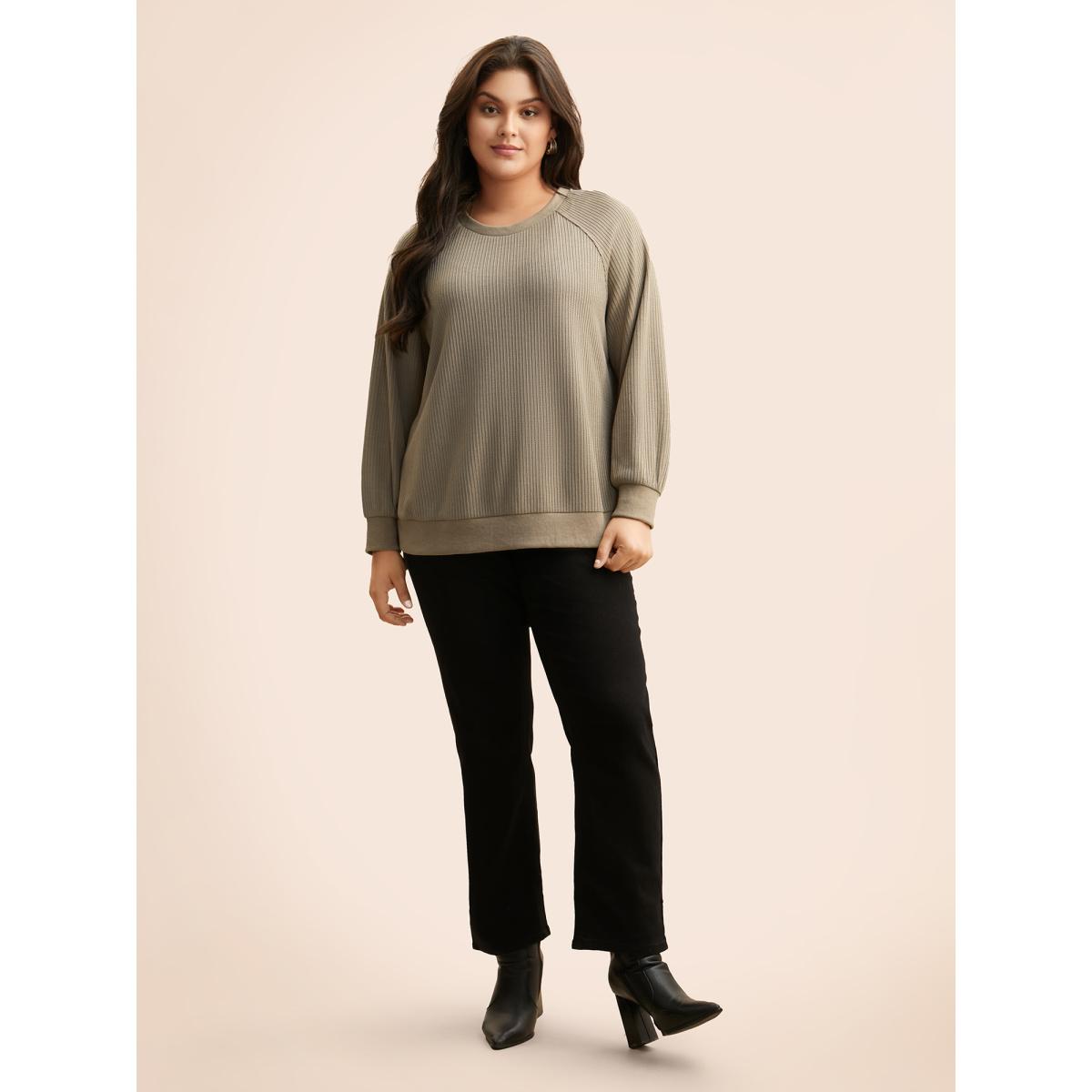 Plus Size Crew Neck Zipper Detail Raglan Sleeve Sweatshirt Women LightBrown Casual Texture Loose Round Neck Everyday Sweatshirts BloomChic 22-24/3X Product Image