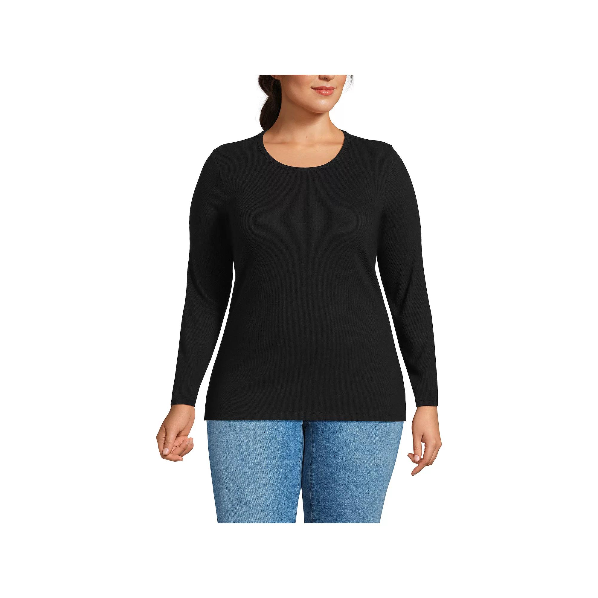 Plus Size Lands' End Long Sleeve Micro Rib Crewneck Top, Women's, Size: 1XL, Black Product Image