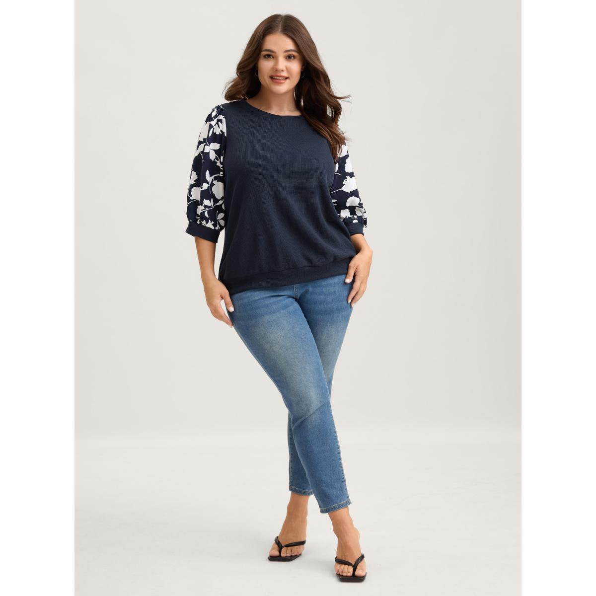 Plus Size Textured Floral Puffy Sleeve Sweatshirt Women Indigo Timeless Texture Round Neck Elegant Sweatshirts BloomChic 12/L Product Image