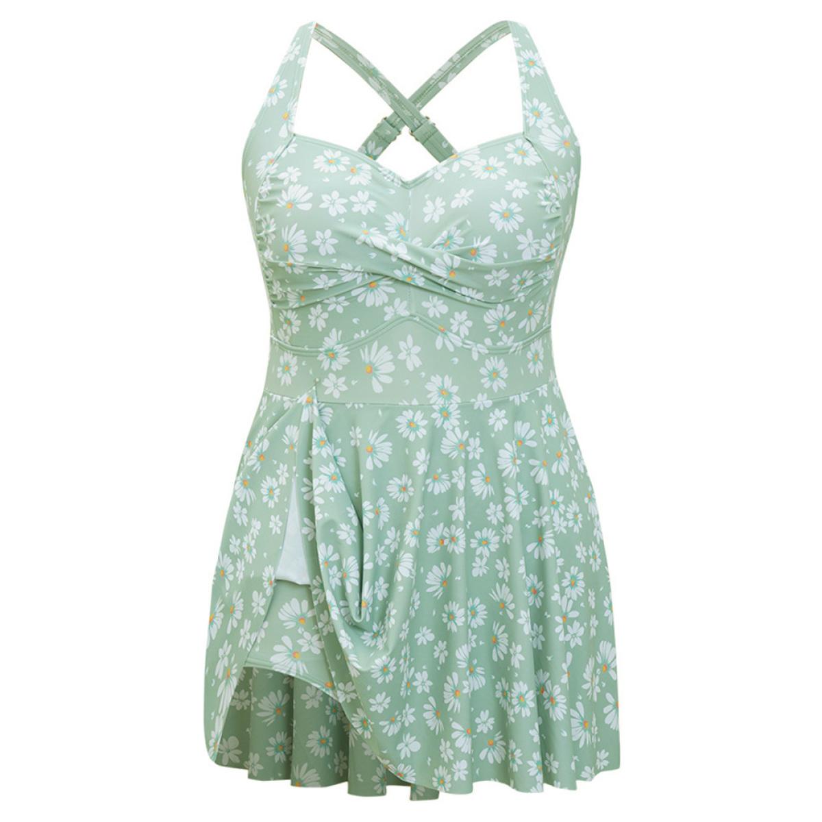Plus Size Daisy Floral Crossover Flutter Empire Waist Swim Dress Women's Swimwear LightGreen Vacation Bodycon Asymmetrical Neck High stretch Curve Swim Dresses BloomChic 14-16/1X Product Image