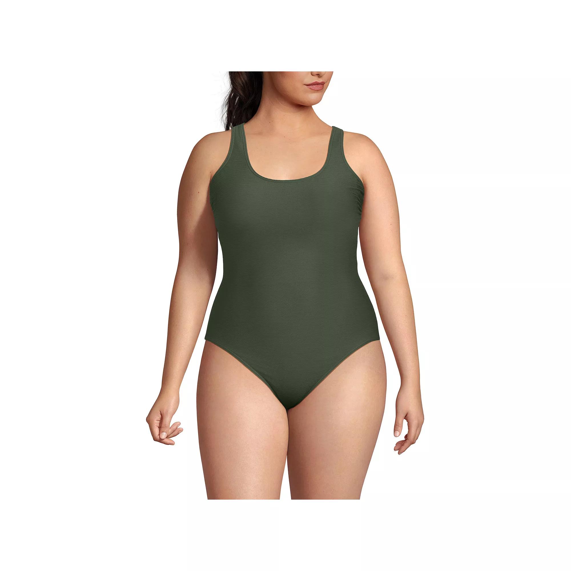 Petite Lands' End Tugless Ribbed X-Back One-Piece Swimsuit, Women's, Size: 14 Petite, Rich Olive Green Product Image