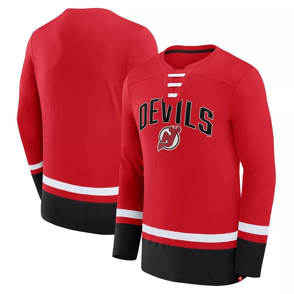 Men's Fanatics Branded Red New Jersey Devils Back Pass Lace-Up Long Sleeve T-Shirt,  Product Image