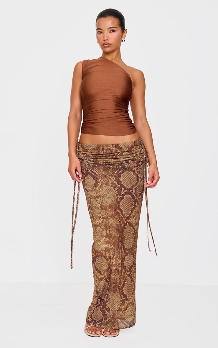 Chocolate Stretch Slinky Ruched Side Long Top Product Image