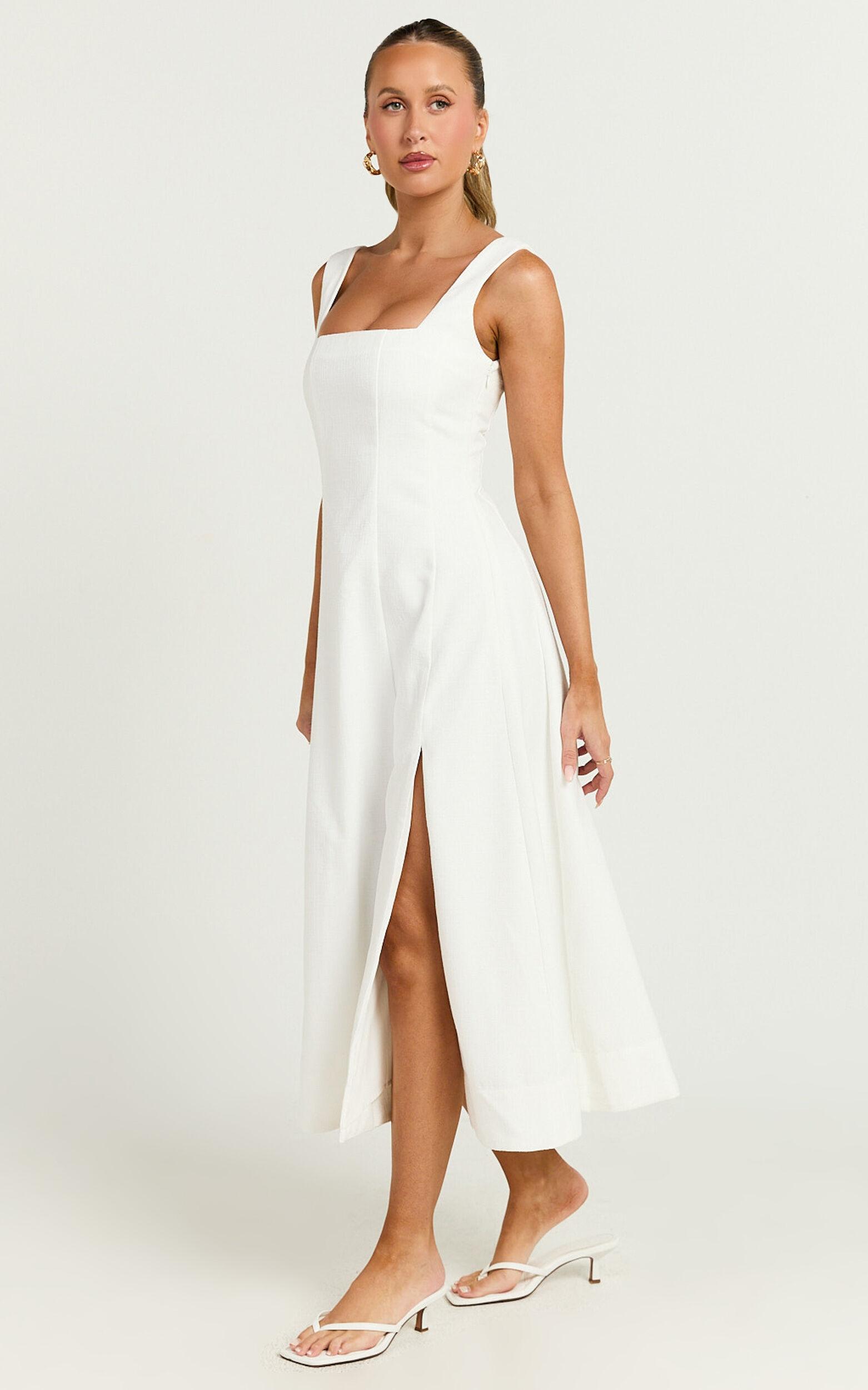 Walters Midi Dress - Square Neck Shirred Back Fit and Flare Panel Dress in White Product Image