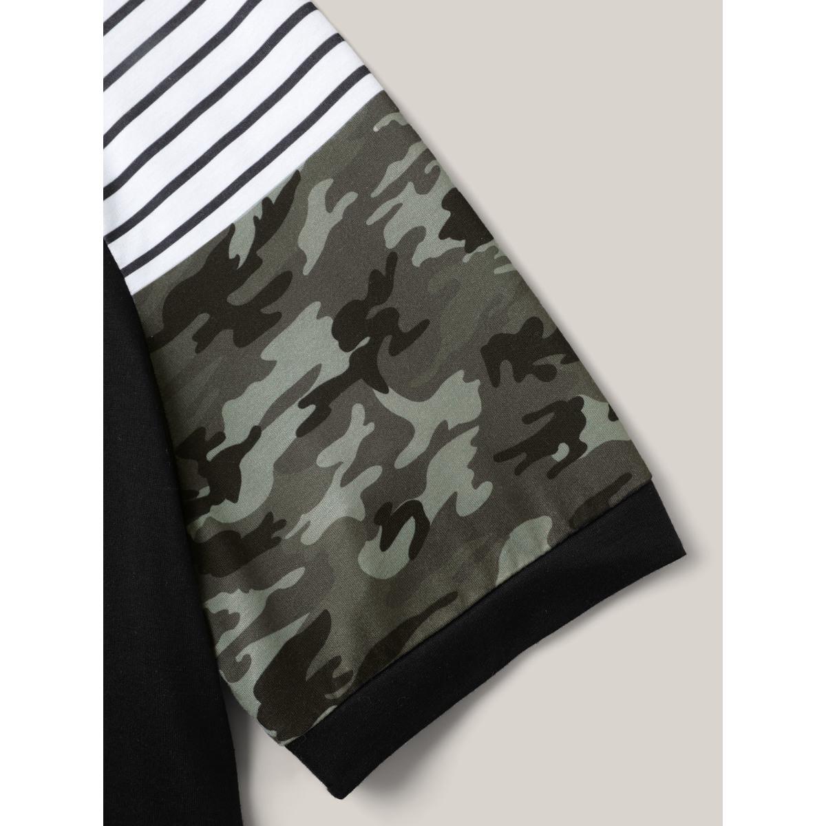 Plus Size Striped Camouflage Print Round Neck T-Shirt Black Women Contrast Round Neck Everyday-Casual T-shirts BloomChic 14-16/1X Product Image