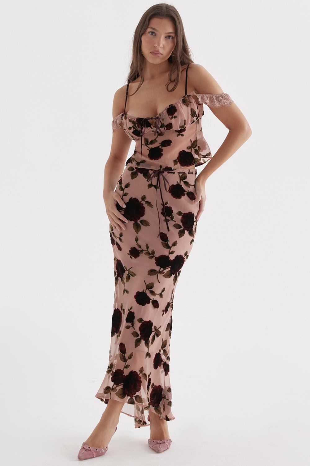 Imaan  dusty pink devore maxi skirt Product Image