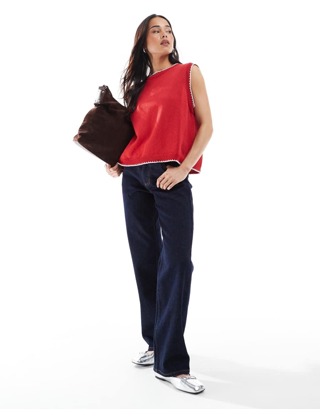 ASOS DESIGN knit tank top with contrast blanket stitch in red Product Image