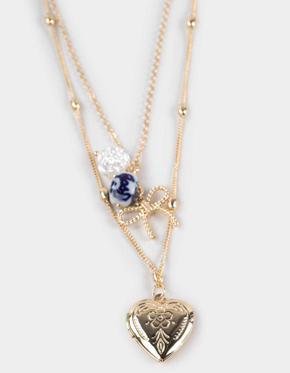FULL TILT Locket Bow Beaded Layered Necklace - GOLD Product Image