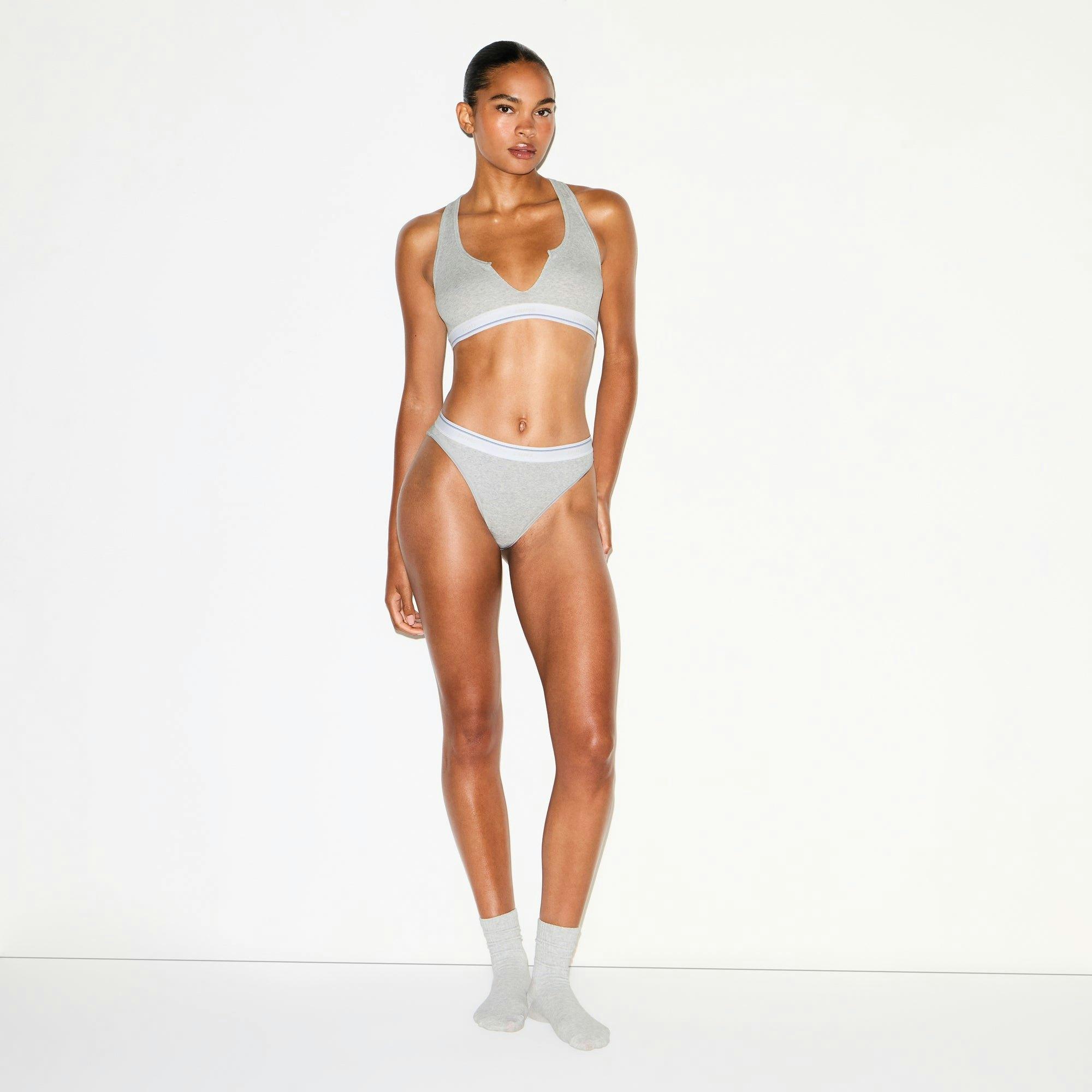 COTTON RIB SPLIT NECK BRALETTE | LIGHT HEATHER GREY STRIPE Product Image