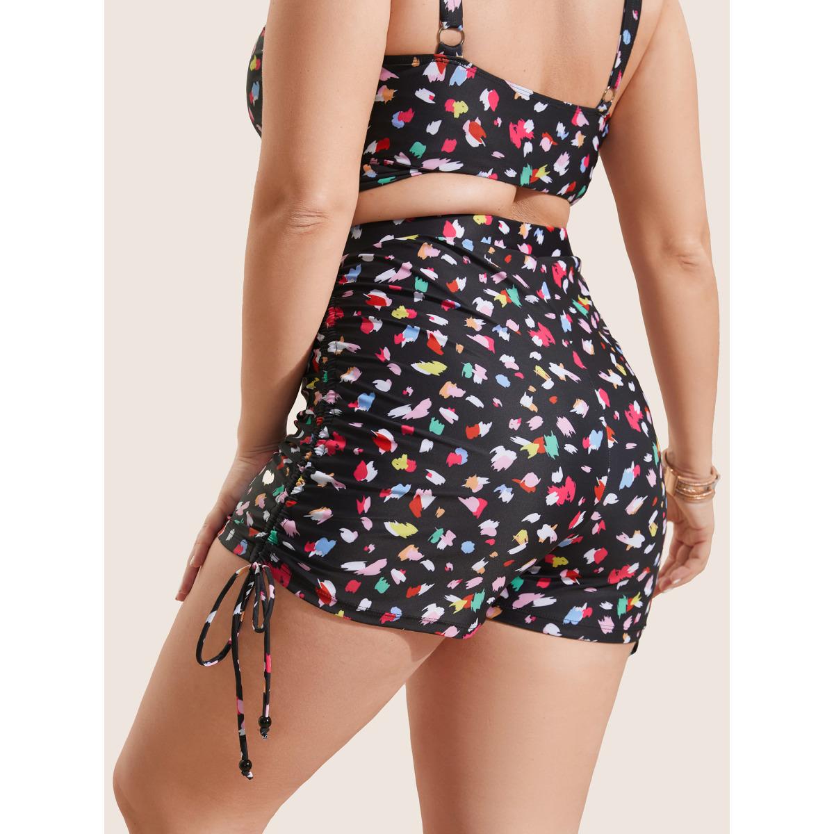 Plus Size Allover Print Drawstring Skinny Swim Bottom Women's Swimwear Black Beach Drawstring High stretch Skinny High Rise Curve Swim Bottoms BloomChic 18-20/2X Product Image