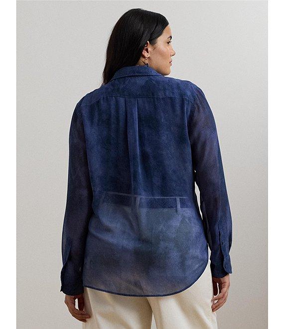 Lauren Ralph Lauren Plus Size Sheer Chiffon Cerulean Print Point Collar Long Sleeve Shirt Product Image