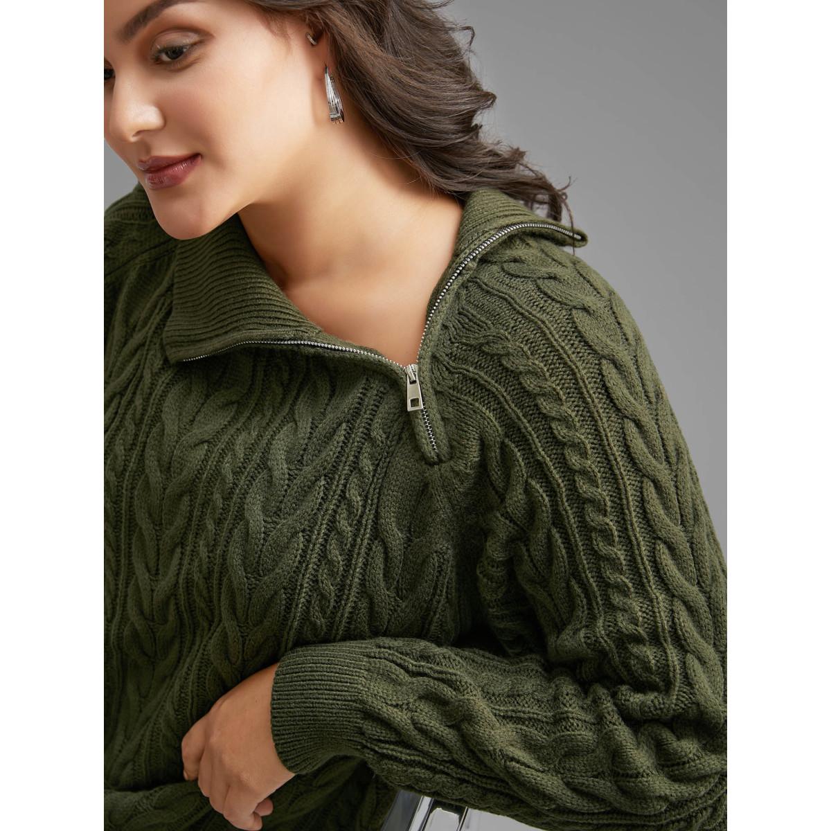 Plus Size Asymmetrical Neck Cable Knit Zipper Pullover ArmyGreen Women Leisure Loose Long Sleeve Asymmetrical Neck Casual Pullovers BloomChic 22-24/3X Product Image