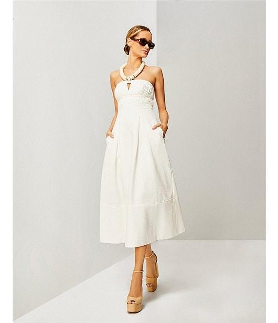 Le' AL.X Woven Ruched Straight Keyhole Neck Spaghetti Strap A-Line Midi Dress Product Image