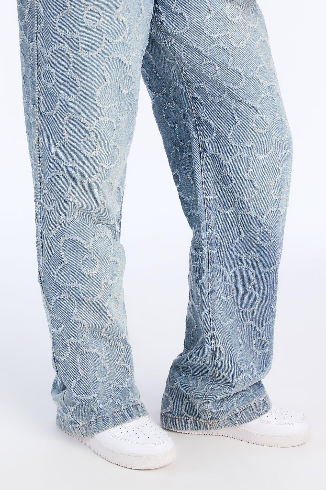 Flower Power Pull On Tie Waist Straight Leg Jeans - Medium Wash Female Product Image