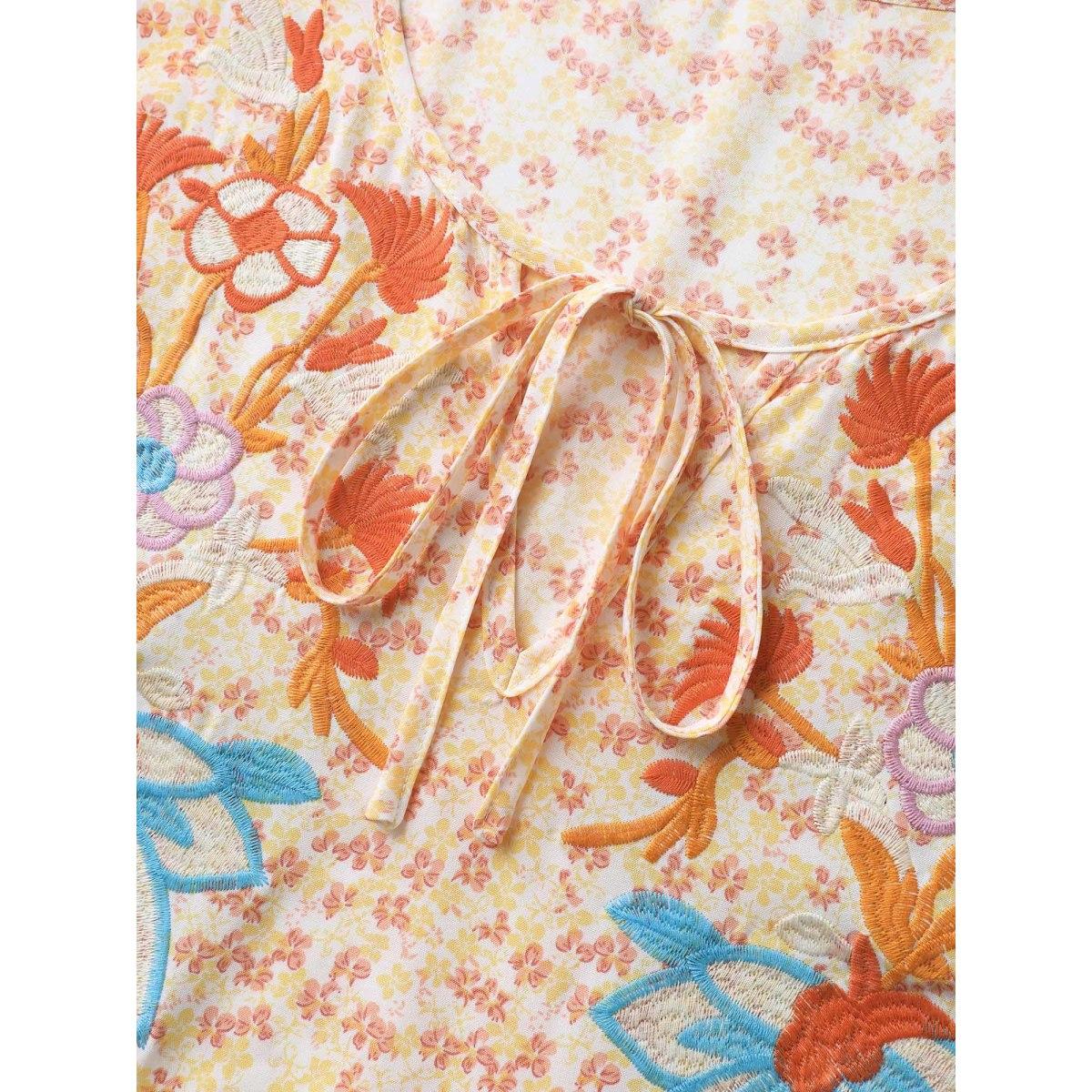 Plus Size Lightyellow Floral Embroidery Neck Tie Blouse Women Resort Half Sleeve V-neck Vacation Blouses BloomChic 18-20/2X Product Image