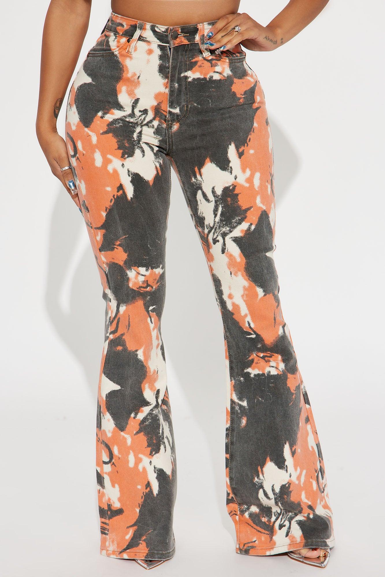 Always Standing Out Stretch Print Flare Jeans - Orange Product Image
