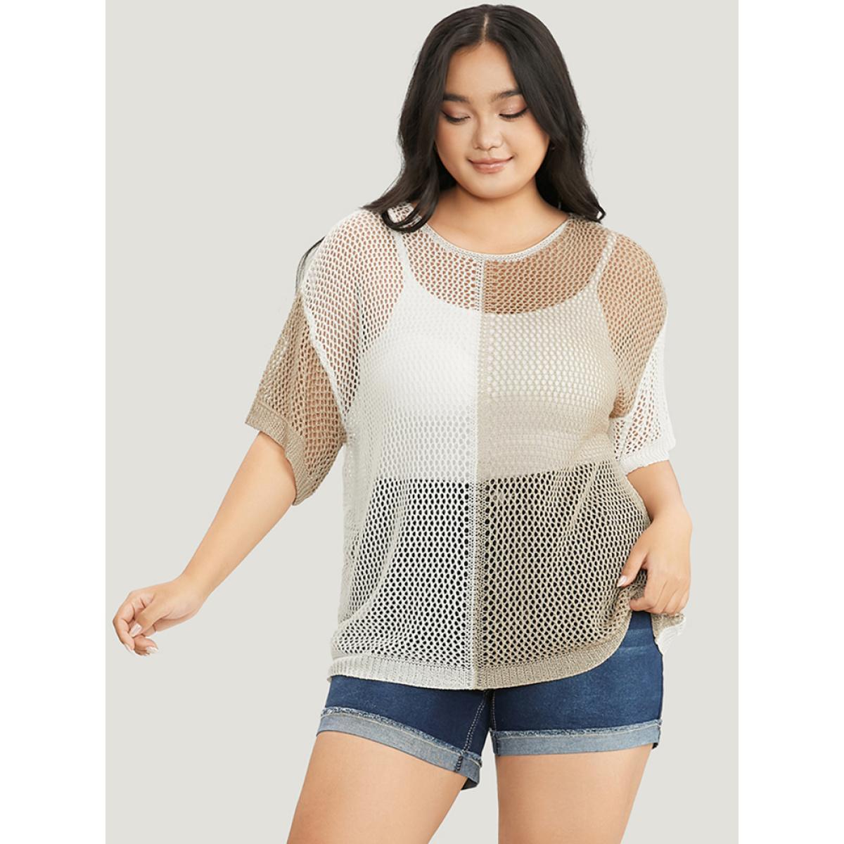 Plus Size Colorblock Contrast Hollow Out Batwing Sleeve Knit Top Multicolor Women Elegant Short sleeve Round Neck Dailywear Pullovers BloomChic 12/L Product Image