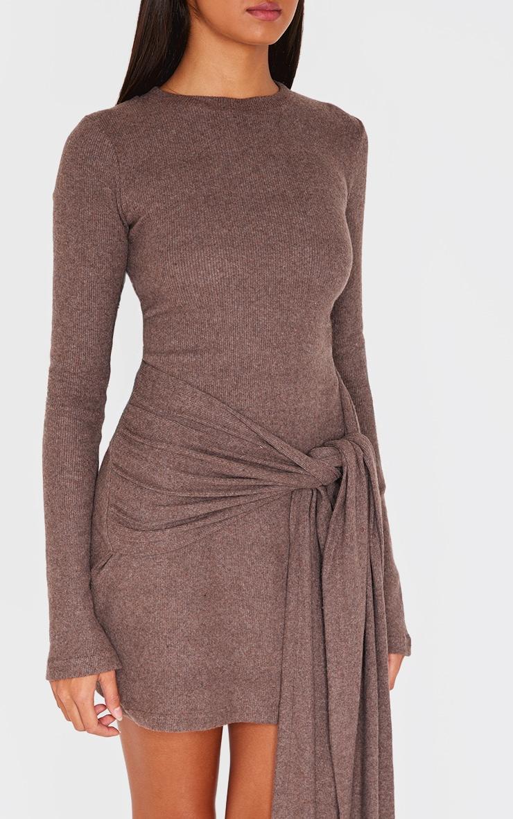 Chocolate Heavy Brushed Rib Boat Neck Wrap Tie Bodycon Dress Product Image