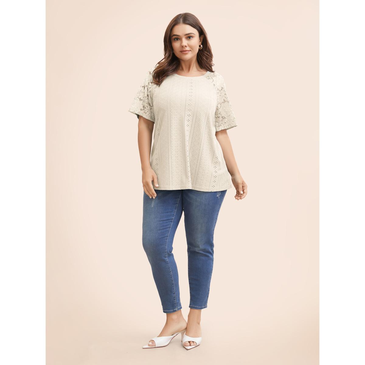 Plus Size Solid Broderie Anglaise Lace Raglan Sleeve T-shirt Beige Women Elegant See through Plain Round Neck Everyday T-shirts BloomChic 30/6X Product Image