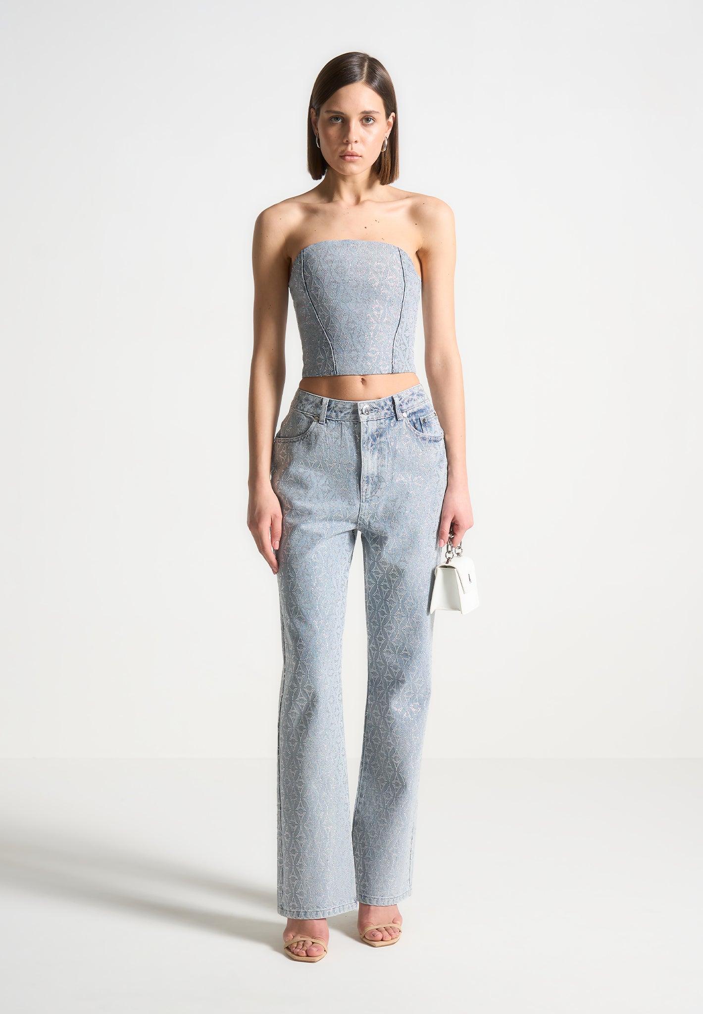 Rhinestone Eiffel Denim Bandeau Corset Top - Mid Blue Female Product Image