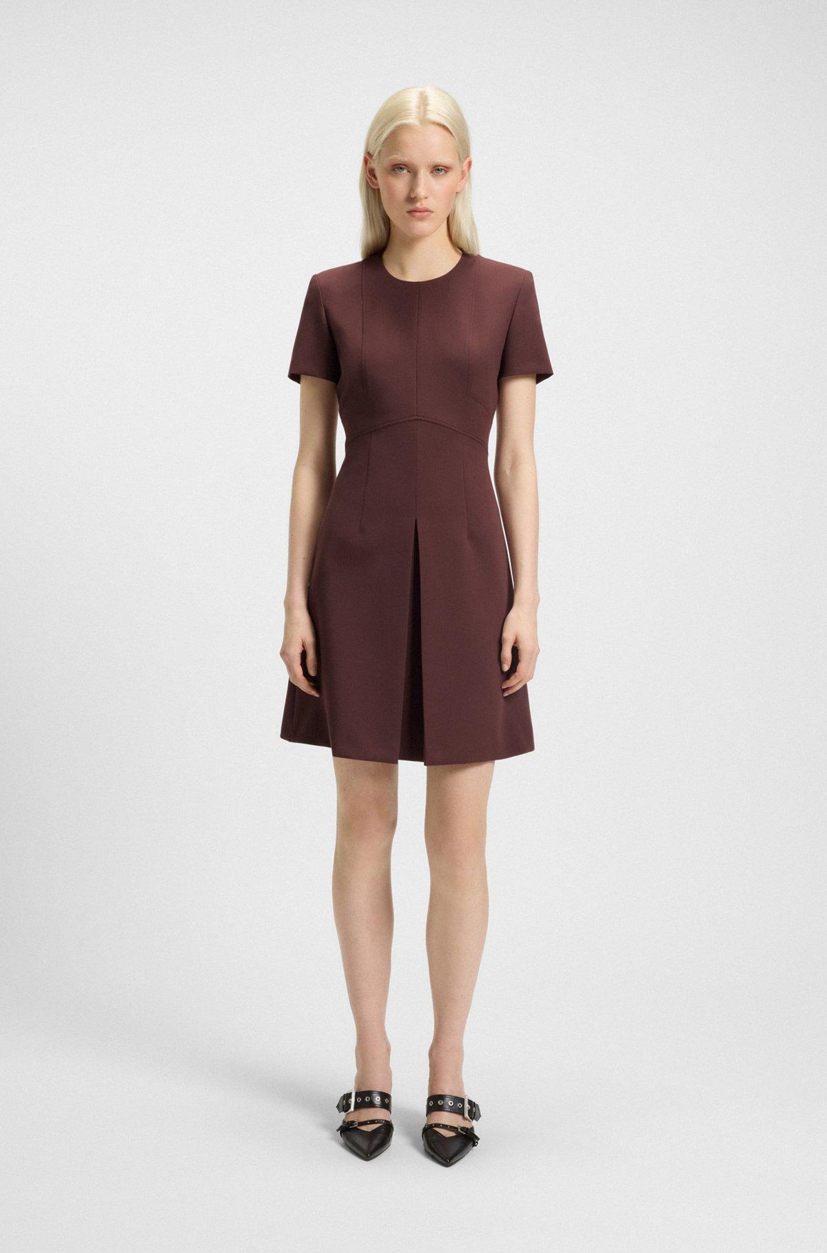 HUGO - Short-sleeved dress with pleat front - Dark Brown Product Image