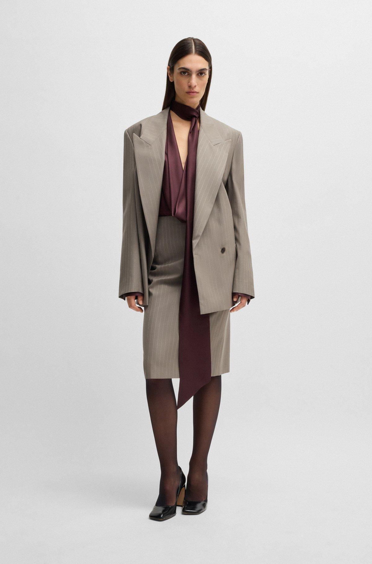 BOSS - Regular-fit blouse in silk twill with scarf neckline - Light Brown Product Image