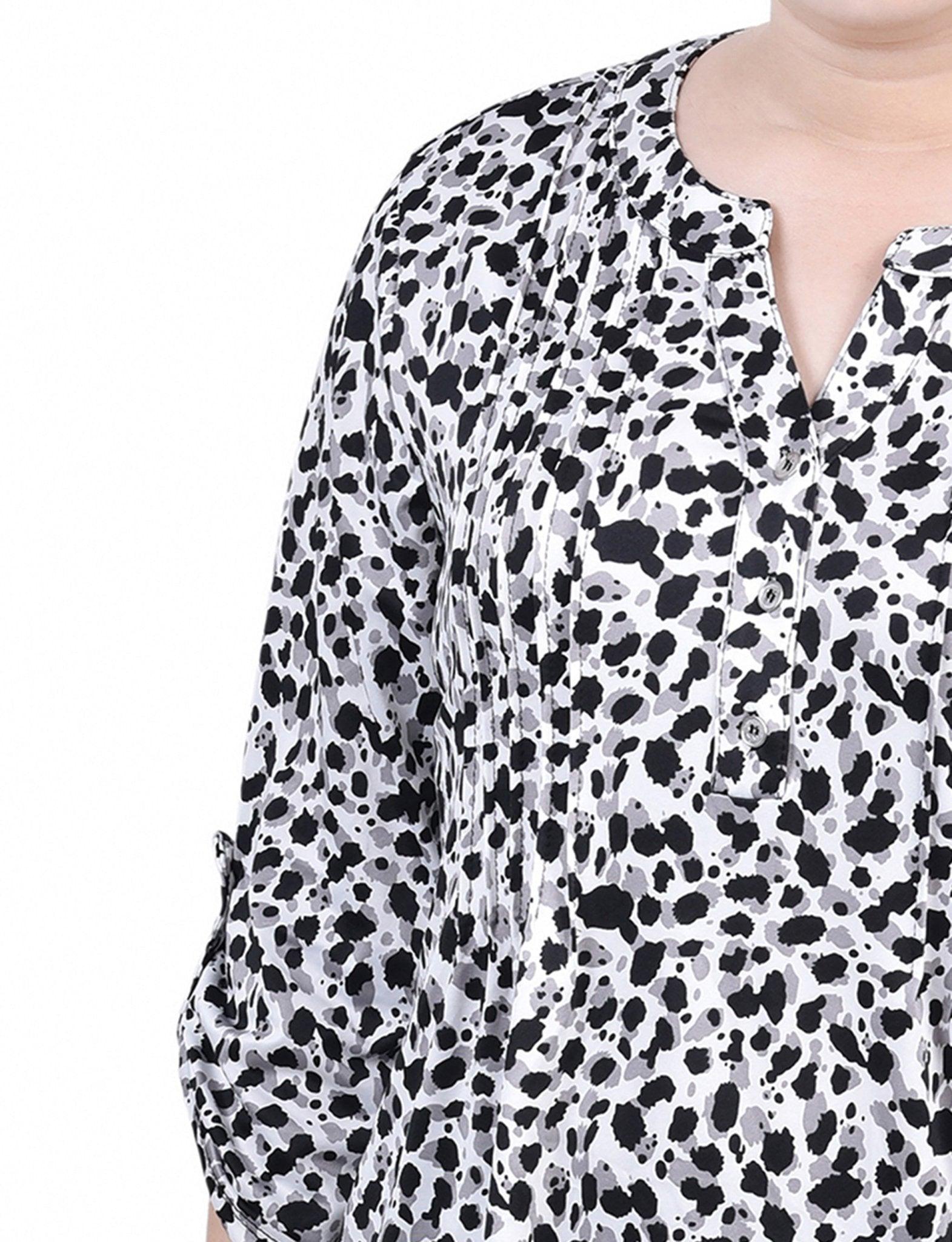Grey Black Animal 3/4 Roll Tab Sleeve Y Neck Top - Petite Product Image