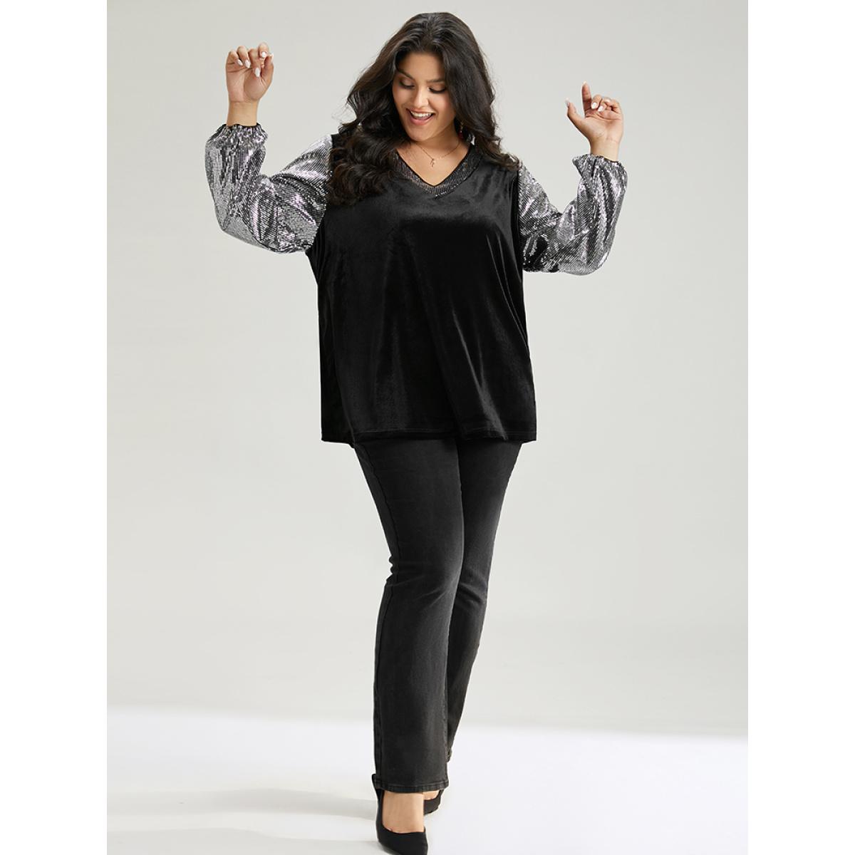 Plus Size Sequin Patchwork V Neck Lantern Sleeve Sweatshirt Women Black Cocktail Elastic cuffs V-neck Party Sweatshirts BloomChic 18-20/2X Product Image