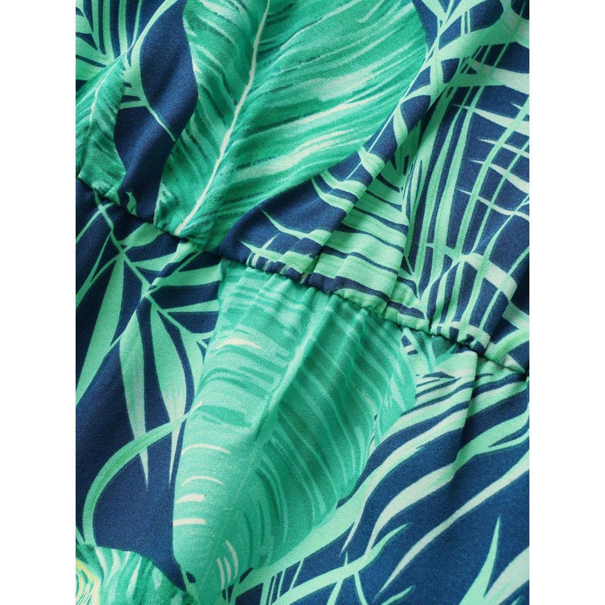 Plus Size Indigo Tropical Print Button Up Belted Jumpsuit Women Resort Short sleeve V-neck Vacation Loose Jumpsuits BloomChic 12/L Product Image
