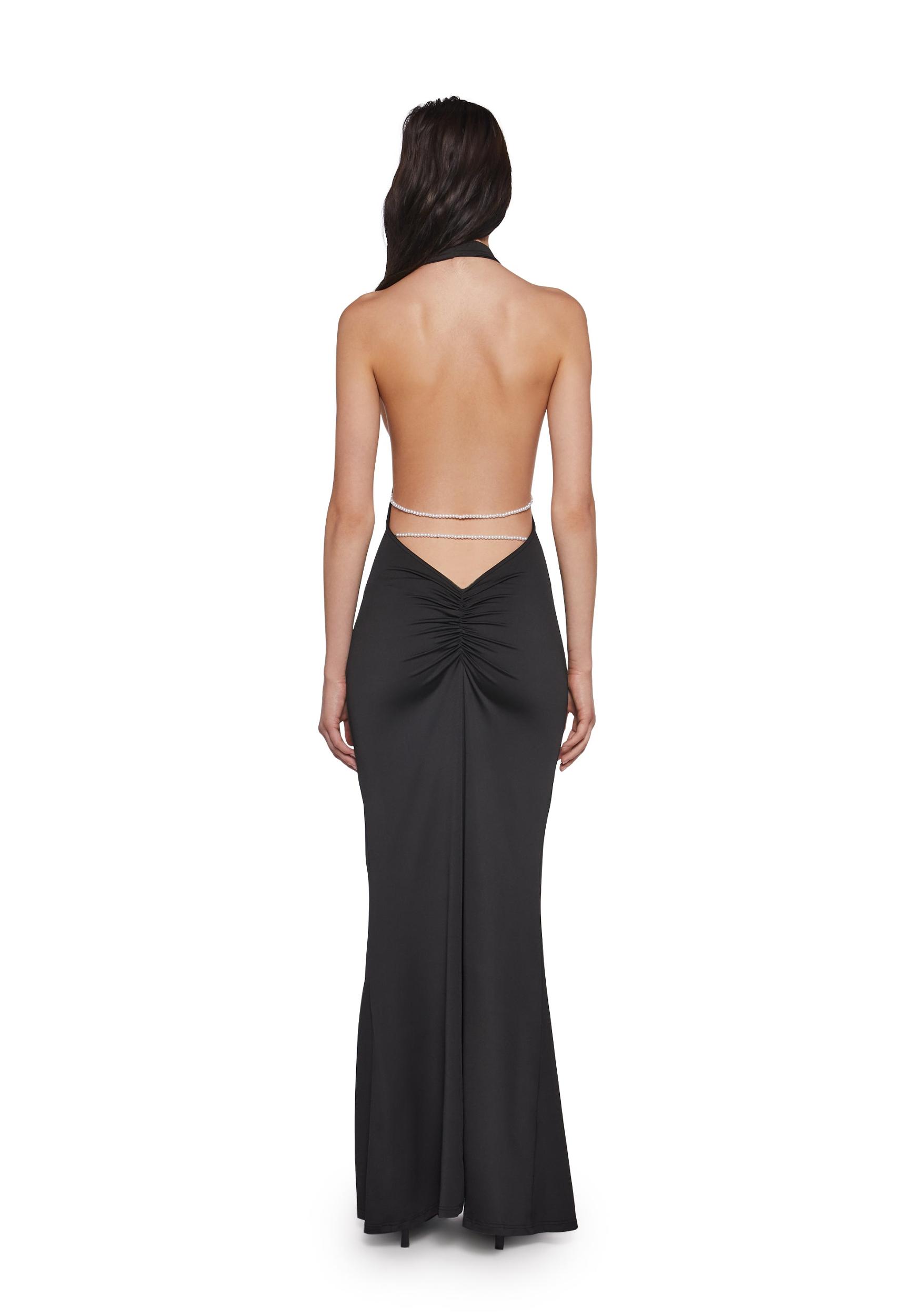 Womens Sexy Backless Maxi Dress With Pearls - Black Product Image