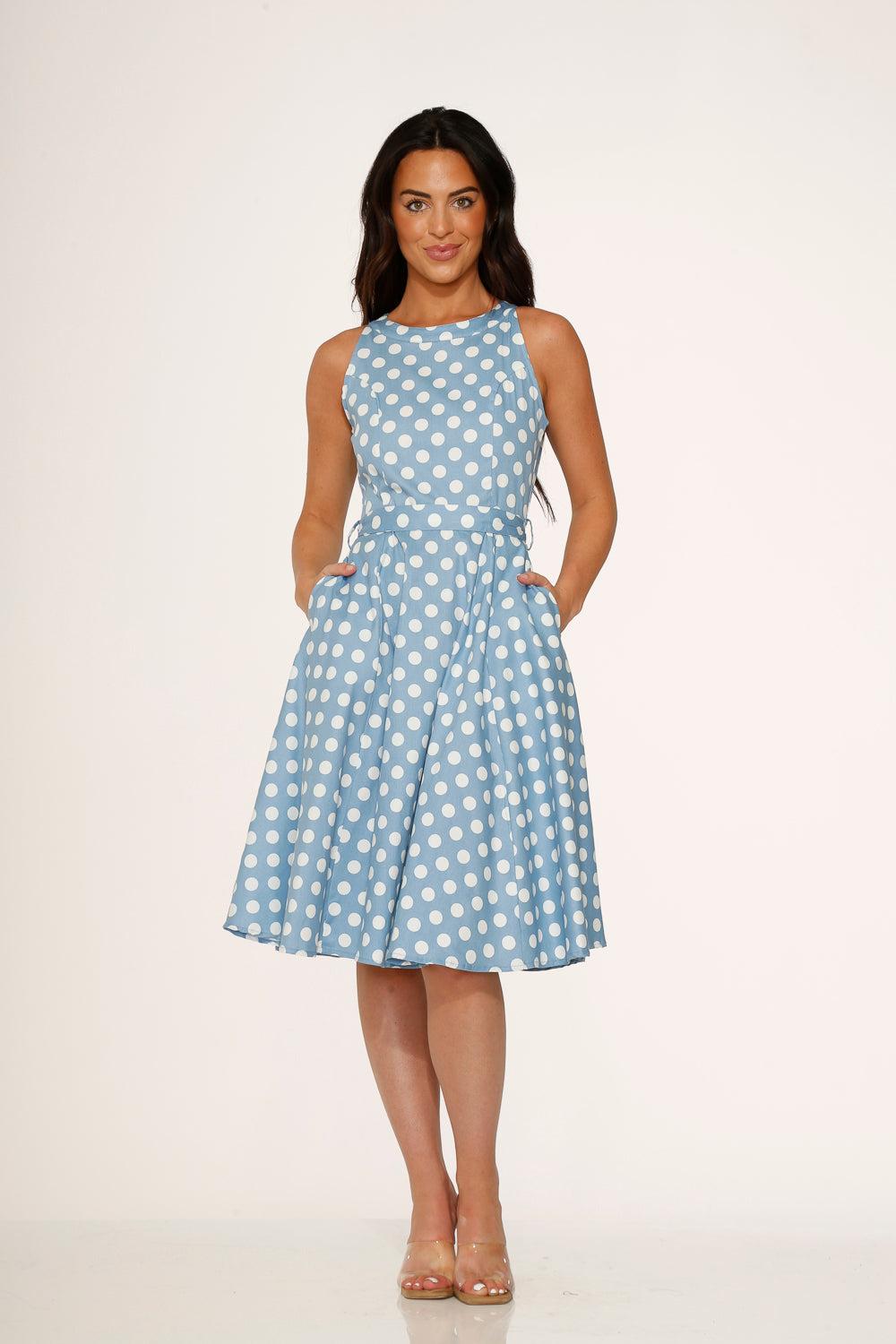 Light Blue & White Polka Dot Swing Dress Product Image