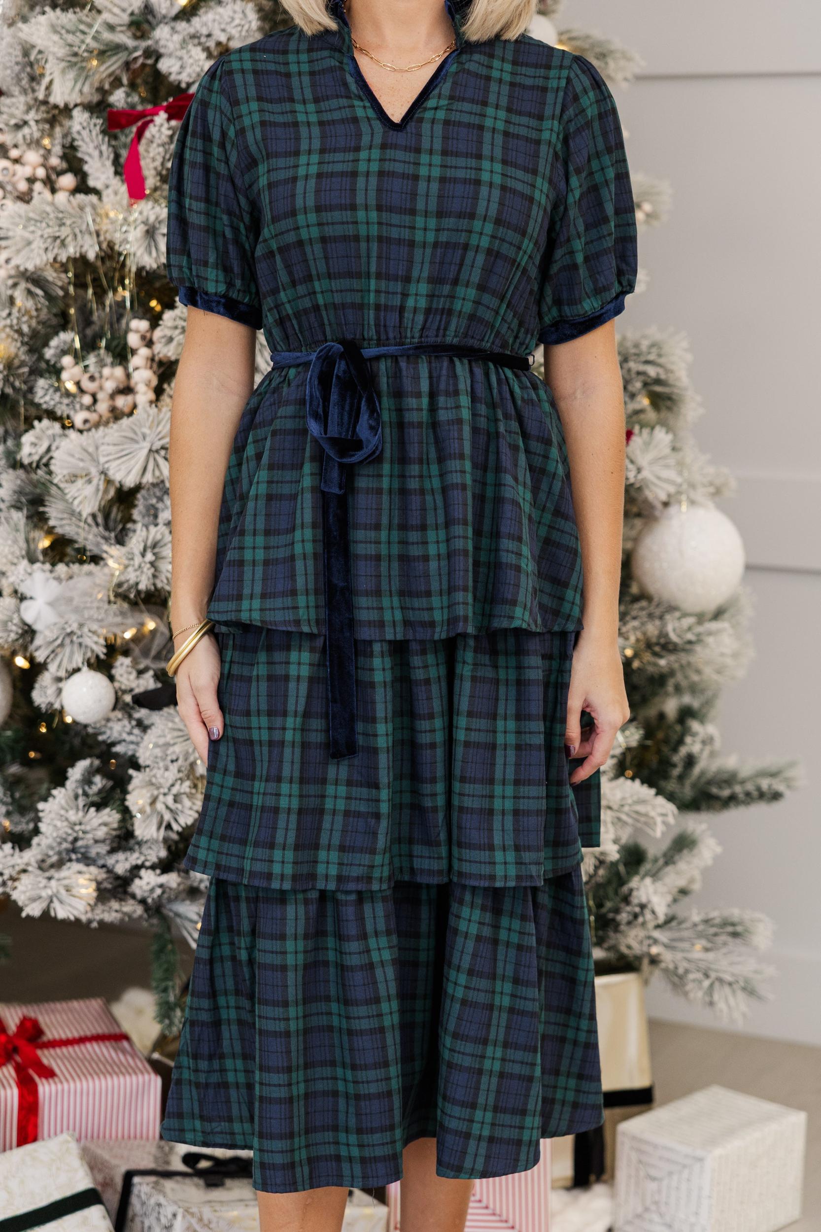 Feeling The Joy Green Tartan Plaid Midi Dress Female Product Image