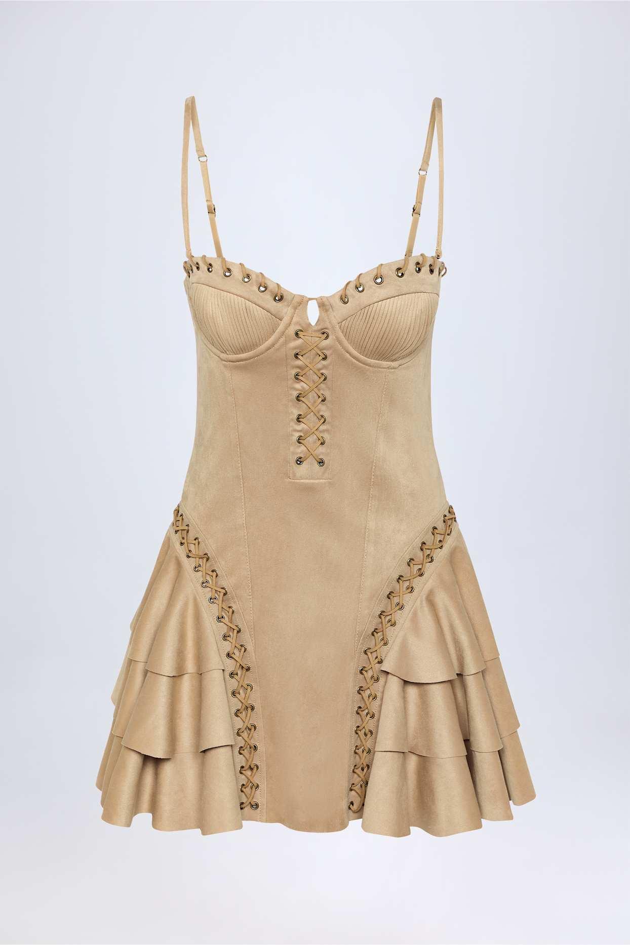 Lace-Up Tiered Corset Mini Dress in Tan Product Image