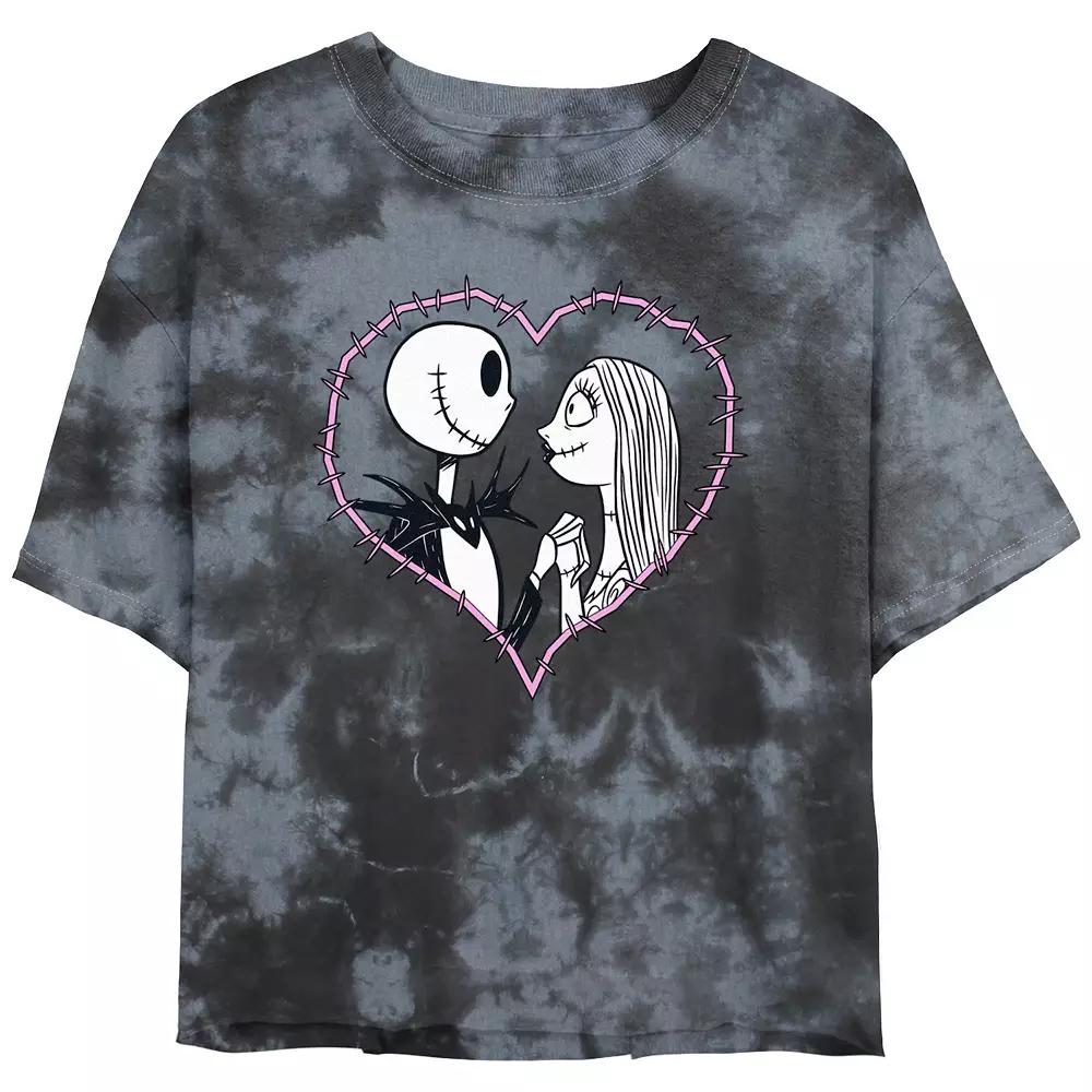 Disneys The Nightmare Before Christmas Jack And Sally Love Crop Top Bombard Wash Juniors Graphic Tee, Womens Black Grey Product Image
