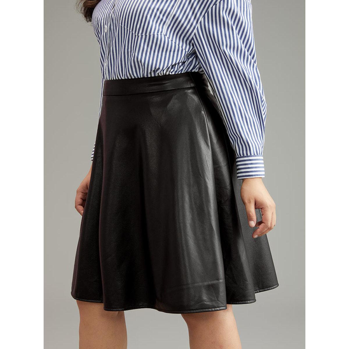 Plus Size Solid PU Cropped Ruffle Hem Skirt Women Black Office A-line No stretch Work Skirts BloomChic 28/5X Product Image