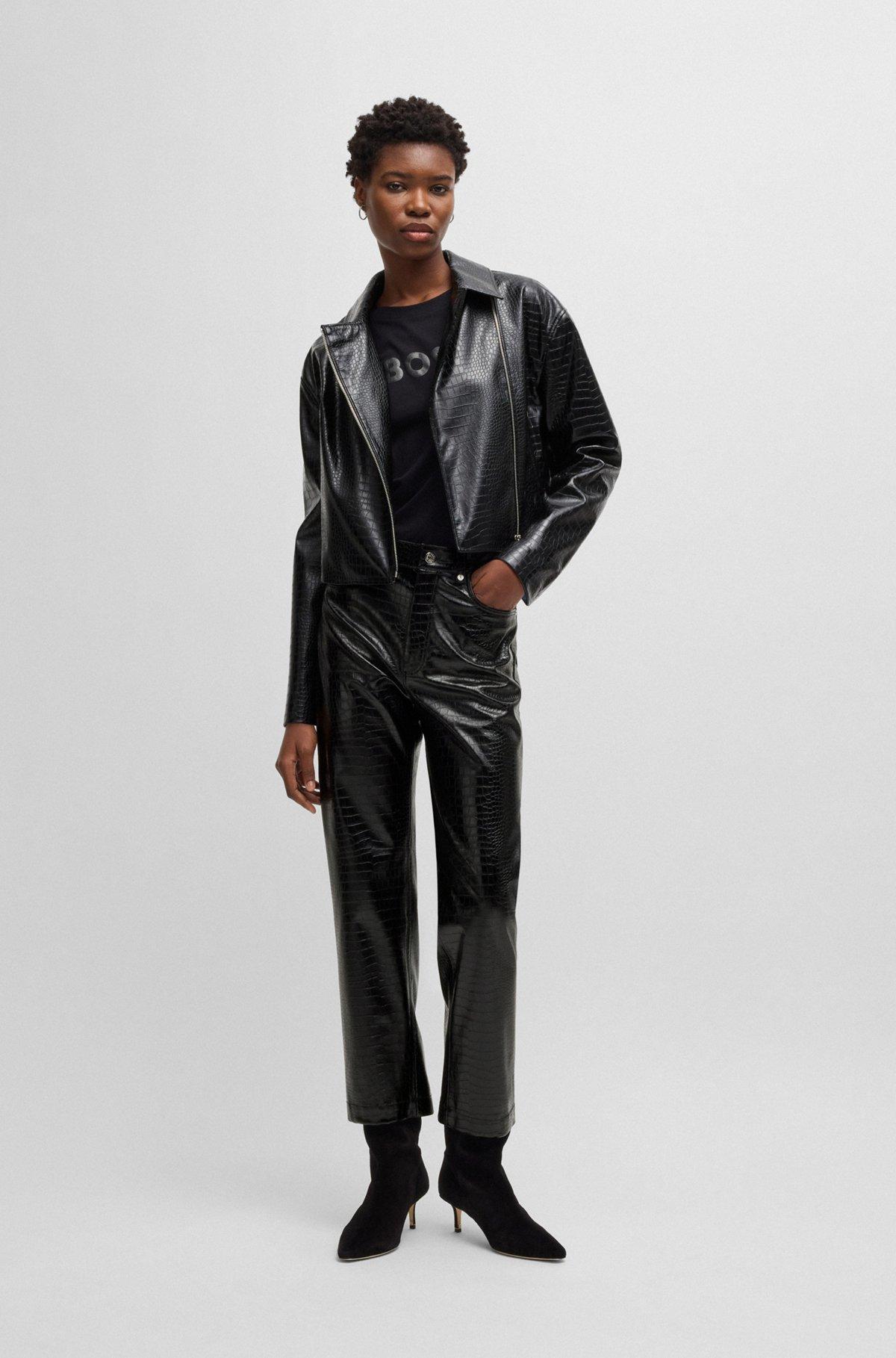 Straight-leg trousers in crocodile-embossed faux leather Product Image