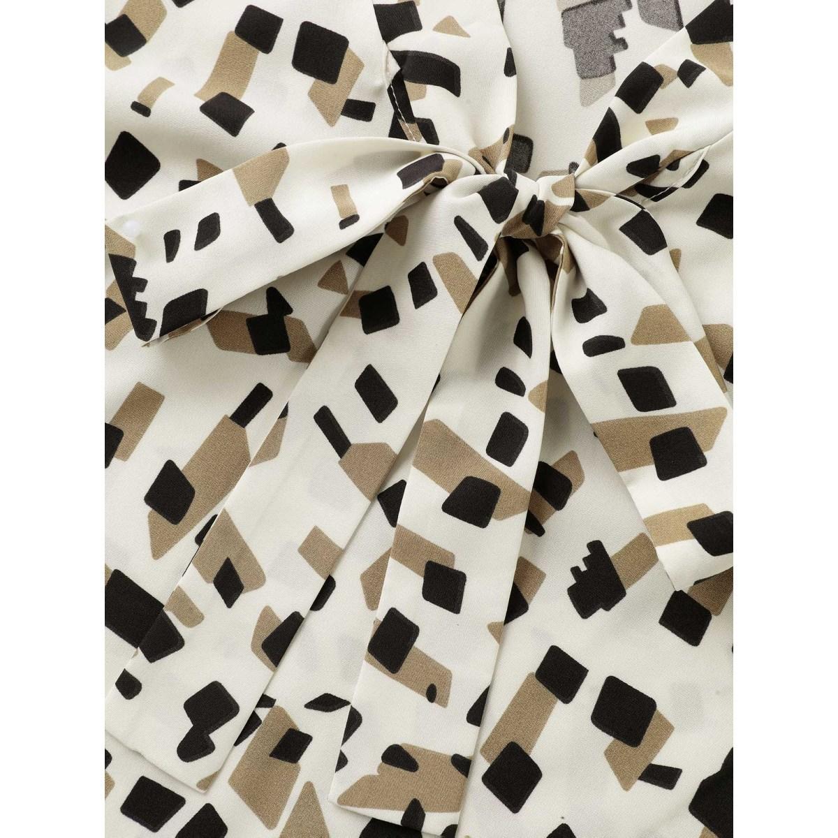 Plus Size Beige Geometric Print Ribbon Collar Blouse Women Short sleeve Ribbon-tied collar Everyday-Elegant Blouses BloomChic 18-20/2X Product Image