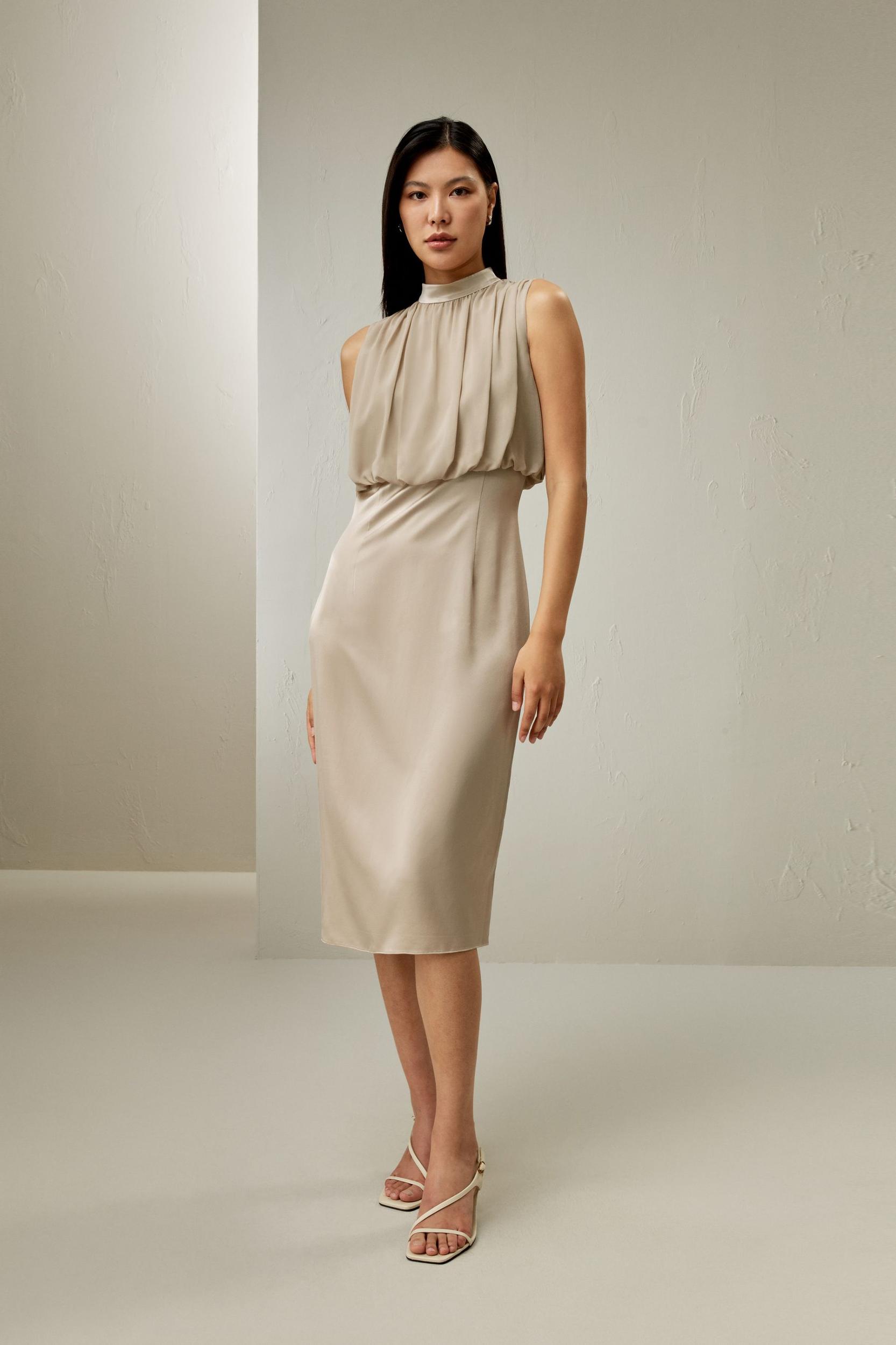 Pleated Sleeveless Midi Silk Dress Product Image