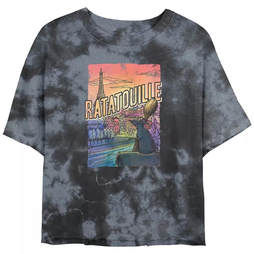 Disney / Pixars Ratatouille Remi Overlooking Paris Juniors Cropped Graphic Tee Top Bombard Wash Juniors Graphic Tee, Womens Black Grey Product Image