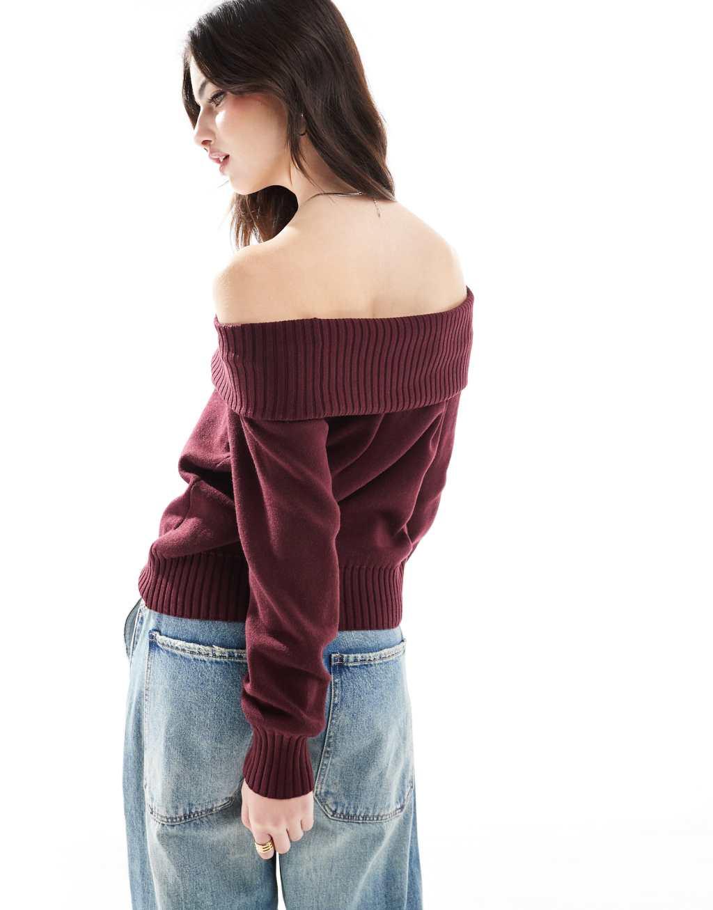 Stradivarius off-the-shoulder knit top in burgundy Product Image