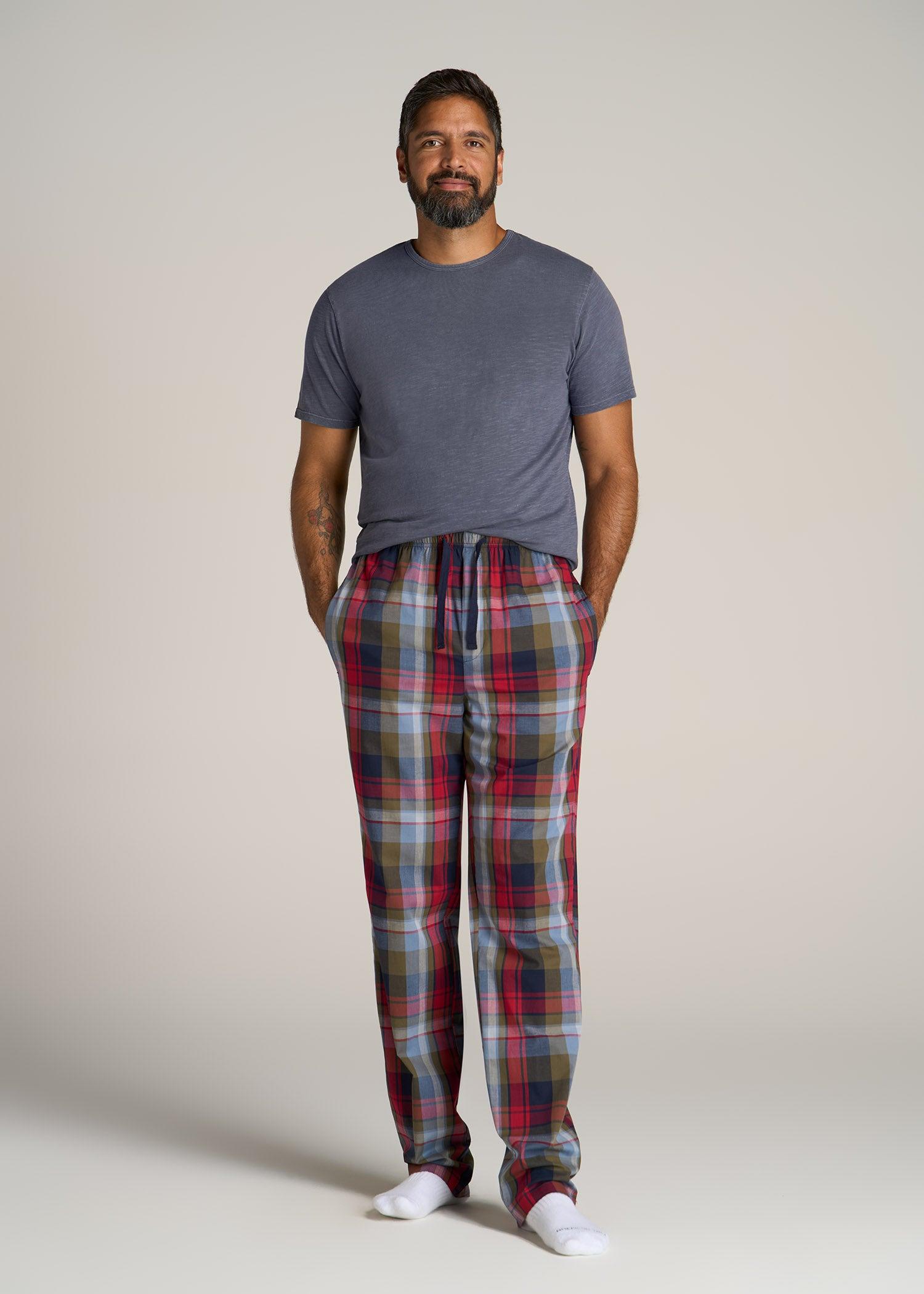 Woven Pajama Pants for Tall Men in Blue & Green Plaid Male Product Image
