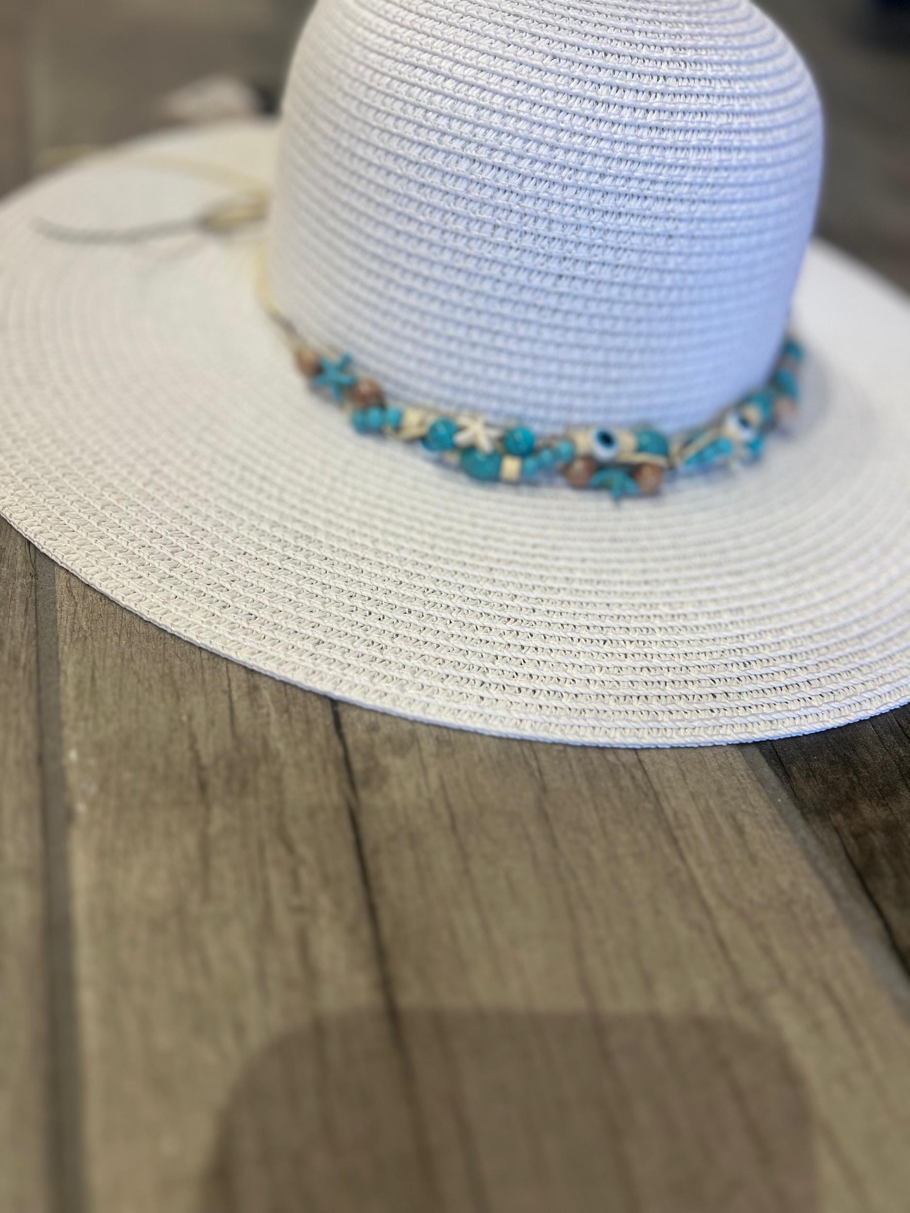 White beaded straw sun hat Product Image