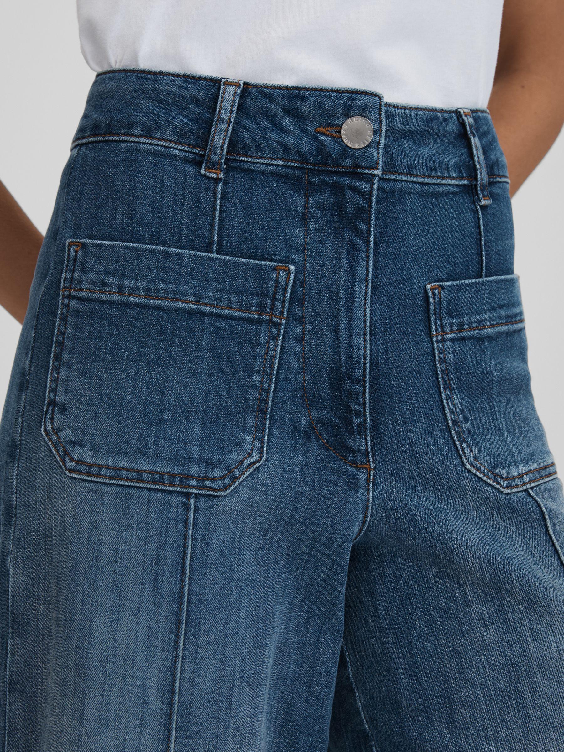 Petite Front Pocket Wide Leg Jeans in Mid Blue Product Image