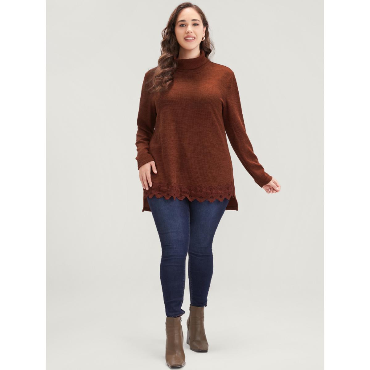 Plus Size Solid Lace Asymmetrical Hem Funnel Neck Sweatshirt Women Russet Elegant Patchwork Turtleneck Dailywear Sweatshirts BloomChic 26/4X Product Image